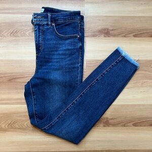 LOFT Frayed hem High Rise Skinny Jeans in Dark Indigo